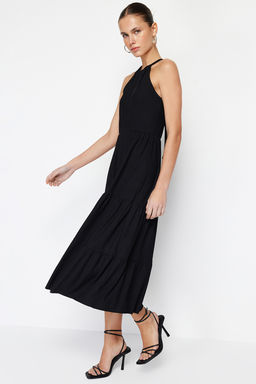 Siyah*001 Boyundan Baglamal? Bask?l? A-Line Maxi Orme Maxi Elbise TWOSS23EL00705