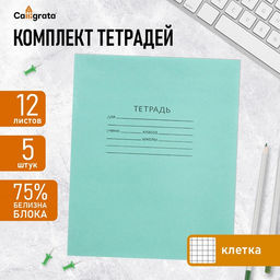 Цена за 2 шт. Набор тетрадей, 12 листов в клетку, КПК «Зелёная обложка», серые листы, 5 штук