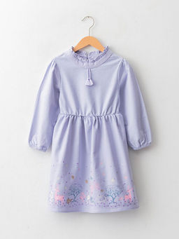 Yakas? F?rf?r Detayl? Desenli Uzun Kollu K?z ?ocuk Elbise