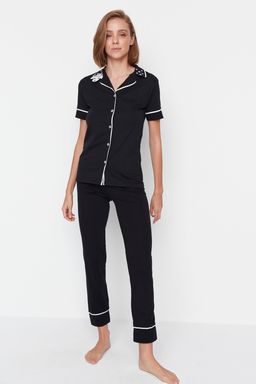 Trendyolmilla Siyah Pamuklu Yaka Kuzu Bask?l? Dar Kal?p Orme Pijama Tak?m? THMAW22PT0704 фото 13
