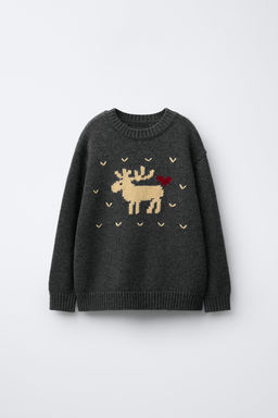 7-12 YEARS/ KNIT JUMPER WITH WOOL EMBROIDERED REINDEER HEARTS
