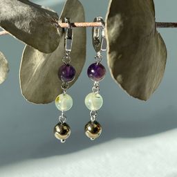 Серьги тройные из Аметиста, Пренита и Халькопирита