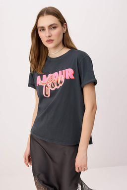 Antrasit Slogan Regular/Normal Kal?p K?sa Kollu %100 Pamuk Orme T-shirt TWOSS26TS00233