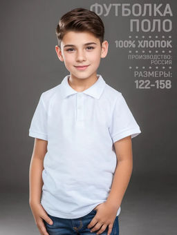 Футболка детская Поло, кор. рукав, цвет Белый, пике карде, 100% х/б