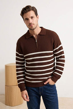 Kahverengi Oversize Polo Yaka _izgili Kazak TMNAW24KZ00018 - Trendyolmilla фото 2