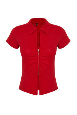 K?rm?z? Regular/Normal Kal?p Polo Yaka Buzgu/Drape Detayl? Fermuarl? Orme Bluz TWOSS24BZ00501 - Trendyolmilla фото 7