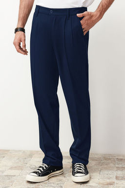 Lacivert Pileli Klasik Baggy Fit Kumas Pantolon TMNSS24PL00024