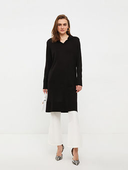 Polo Yaka D?z Uzun Kollu Kad?n Triko Tunik