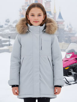 Парка зимняя подростковая для девочки с капюшоном и мехом серого цвета 9532Sr