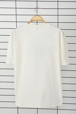 TRENDYOL MAN Ekru Unisex Oversize/Genis Kesim Bisiklet Yaka Yaz? Nak?sl? K?sa Kollu T-Shirt TMNSS25TS00023 - Trendyolmilla фото 7