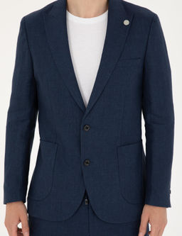 Lacivert Ex. Slim Fit %100 Keten Tak_m Elbise