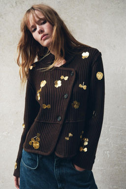 KNIT CARDIGAN WITH GOLD FLOWERS
