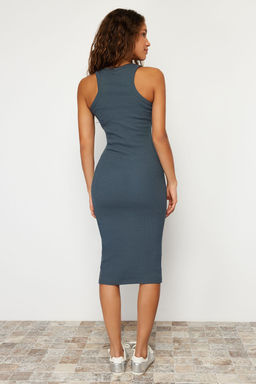 Ac?k Antrasit Bodycone/Vucuda Oturan Bisiklet Yaka Esnek Midi Orme Kalem Elbise TWOSS22EL1575