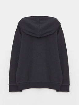 Kap??onlu Bask?l? Uzun Kollu Erkek ?ocuk Fermuarl? Sweatshirt