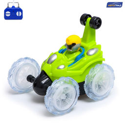 Машина-перевёртыш радиоуправляемая Трюк, работает от батареек, световые эффекты, цвет зелёный