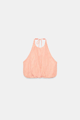 TOP HALTER GLOBO CUADRO VICHY / blanco-naranja - Zara фото 3