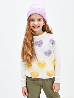 Bisiklet Yaka Desenli Uzun Kollu K?z ?ocuk Triko Kazak