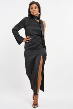 Платье вечернее с ассиметричным вырезом из атласа черное новый год