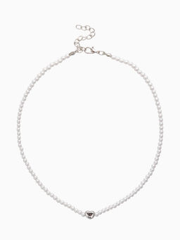 Чокер «Стразик» сердце и жемчужные бусины, белый в серебре, 36 см + 5 см доп, цепочка