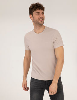 Bej Slim Fit Dokulu Bisiklet Yaka Ti__rt