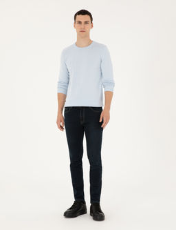 A__k Mavi Slim Fit Bisiklet Yaka Basic Triko Kazak