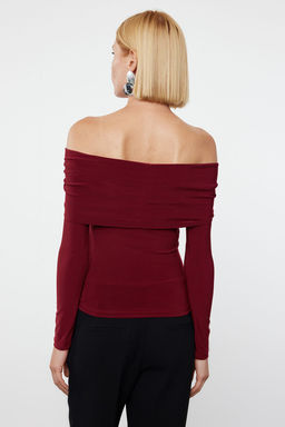 Bordo Buzgu/Drape Detayl? Fitted/Vucuda Oturan Uzun Kollu Esnek Orme Bluz TWOAW25BZ00018 - Trendyolmilla фото 5