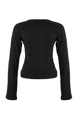 Siyah Ispanyol Kol Buzgu Detayl? Regular/Normal Kal?p Orme Bluz TWOAW26BZ00293