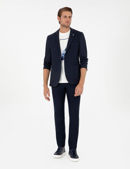 Lacivert Slim Fit _izgili Kanvas Pantolon
