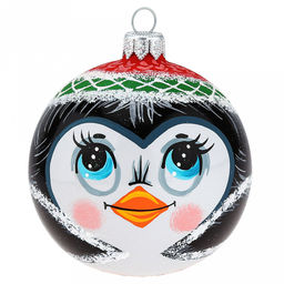 Елочная игрушка шар стеклянная Пингвин в шапочке д8см, ручная художественная роспись, подарочная упаковка (Россия)