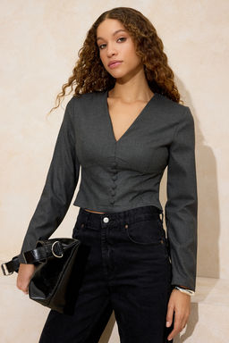 Antrasit Dugme Detayl? V Yaka Dokuma Bluz TWOSS26BZ00086 - Trendyolmilla фото 2