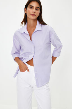 TRENDYOLMILLA Beyaz Loose Fit Pamuklu Dokuma Gomlek TWOAW20GO0107