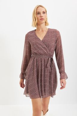 Kahverengi Kusakl? Kruvaze Astarl? Mini Sifon Dokuma Elbise TWOAW20EL1628