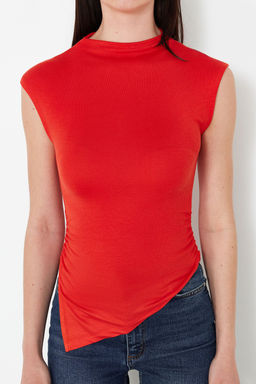 Trendyolmilla Ekru Dik Yaka K?sa Kollu Buzgu/Drape Detayl? Fitted/Vucuda Oturan Asimetrik Orme Bluz TWOSS24BZ00534  фото 5
