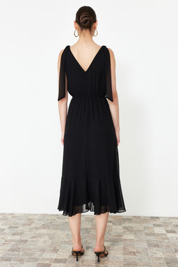 Trendyolmilla Siyah A Kesim Beli Lastikli Sifon Astarl? Maxi Dokuma Elbise TWOSS24EL00804  фото 6