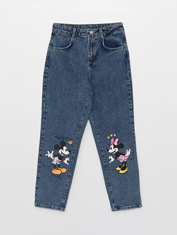 Mom Fit Minnie ve Mickey Mouse Bask?l? K?z ?ocuk Jean Pantolon