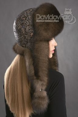 Шапка Элит цветная кожа песец цвет "соболь"