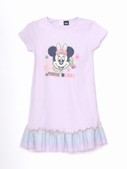 Bisiklet Yaka Minnie Mouse Bask?l? K?sa Kollu K?z ?ocuk Elbise