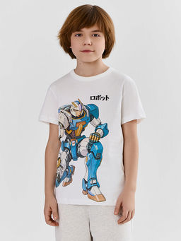 Футболка для мальчиков белая с принтом прямого кроя