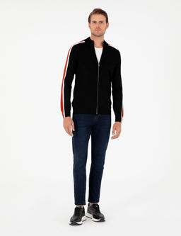 Siyah Slim Fit Y_n Kar___ml_ Fermuarl_ Triko H_rka