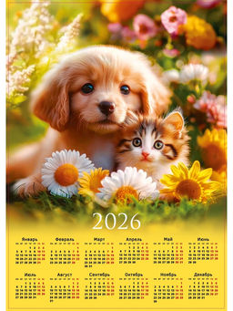Цена за 20 шт. Календарь 2026 настенный «Щенок с котёнком», А2