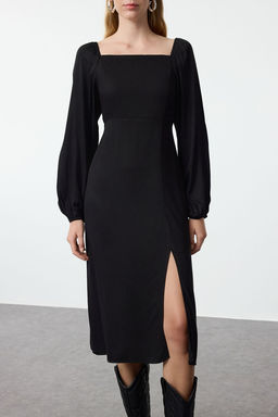 Siyah Kare Yaka Balon Kollu A Kesim Midi Belmando Kumas Dokuma Elbise TWOAW25EL00243 - Trendyolmilla фото 4