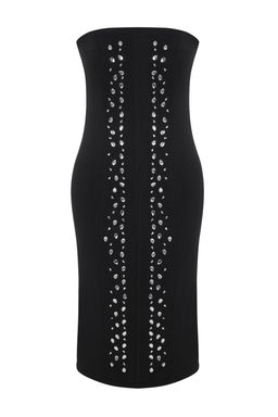 Siyah Tas Bask?l? Straplez Dokuma S?k Midi Abiye Gece Mezuniyet Elbisesi TPRSS25EL00078 - Trendyolmilla фото 4