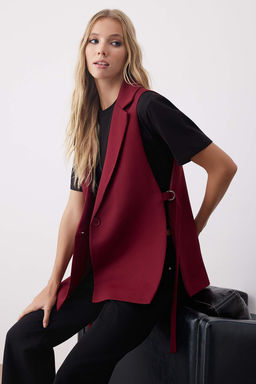 Bordo Oversize Aksesuarl? Yandan Baglama Detayl? Tek Dugmeli Astarl? Dokuma Yelek TWOAW23YE00032