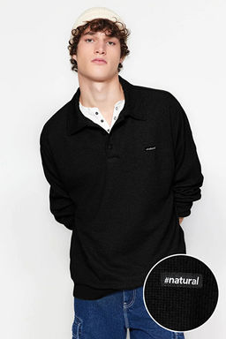 Siyah Oversize/Geni_ Kesim Etiketli Dokulu Polo Yaka _ardonsuz Sweatshirt TMNAW24SW00224