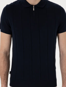 Lacivert Slim Fit Fermuarl_ Polo Yaka Triko Kazak