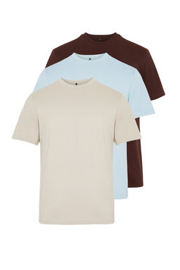Koyu Kahverengi-Tas-Ac?k Mavi Slim/Dar Kesim Bisiklet Yaka %100 Pamuklu 3lu T-Shirt TMNSS19BO0007