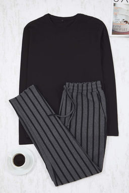 Siyah - Antrasit Regular Fit Cizgili Dokulu Orme Pijama Tak?m? TMNAW26PT00006 - Trendyolmilla фото 6