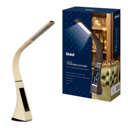 TLD-542 Cream/LED/300Lm/5000K/Dimmer Светильник настольный c часами, календарем, термометром, 5W. Сенсорный выключатель. Кремовый (стилизован под кожу). TM Uniel.