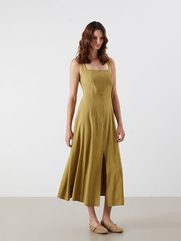 Kare Yaka Keten Kar???ml? Elbise