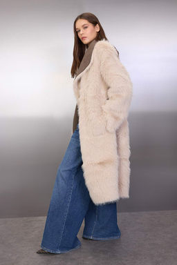 Vizon-Ekru Cift Tarafl? Kurklu Mono Kapama Oversize Uzun Suet Kaban TWOAW26KB00003 - Trendyolmilla фото 8